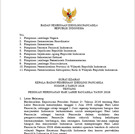 SE Kepala Badan Pembinaan Ideologi Pancasila Nomor 2 Tahun 2026 Tentang Pedoman Peringatan Hari Lahir Pancasila Tahun 2026